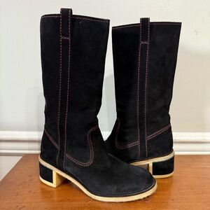 CHANEL Black Heeled Boots with Pink Stitching